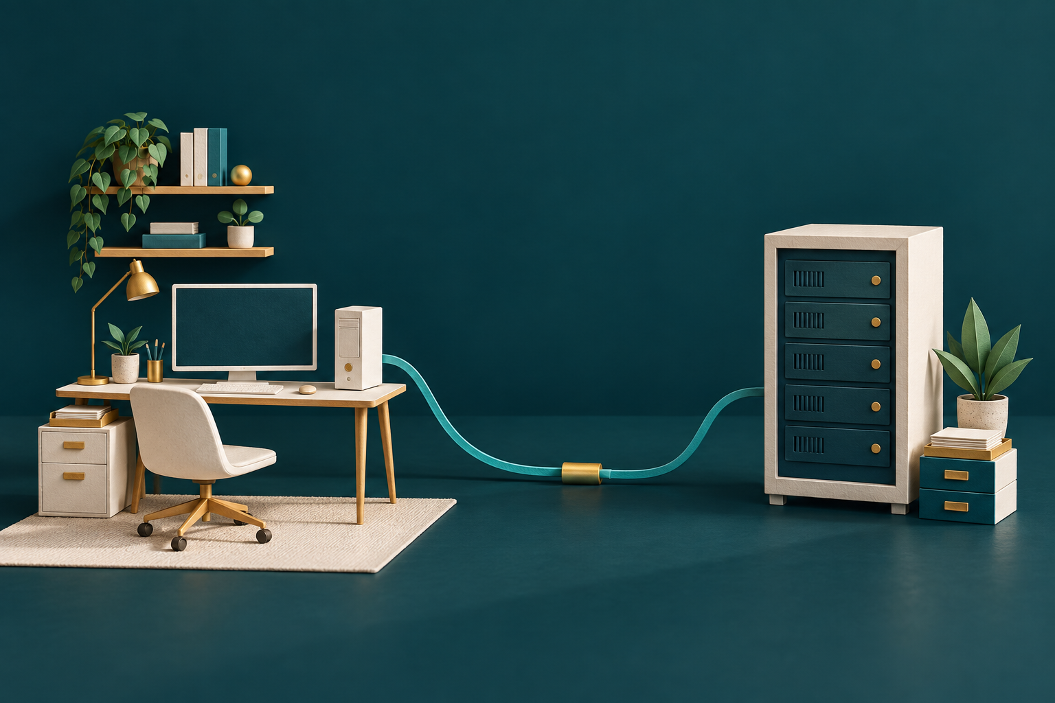 Conceptual illustration of an office computer connected to a remote server by a teal ribbon and gold connector.
