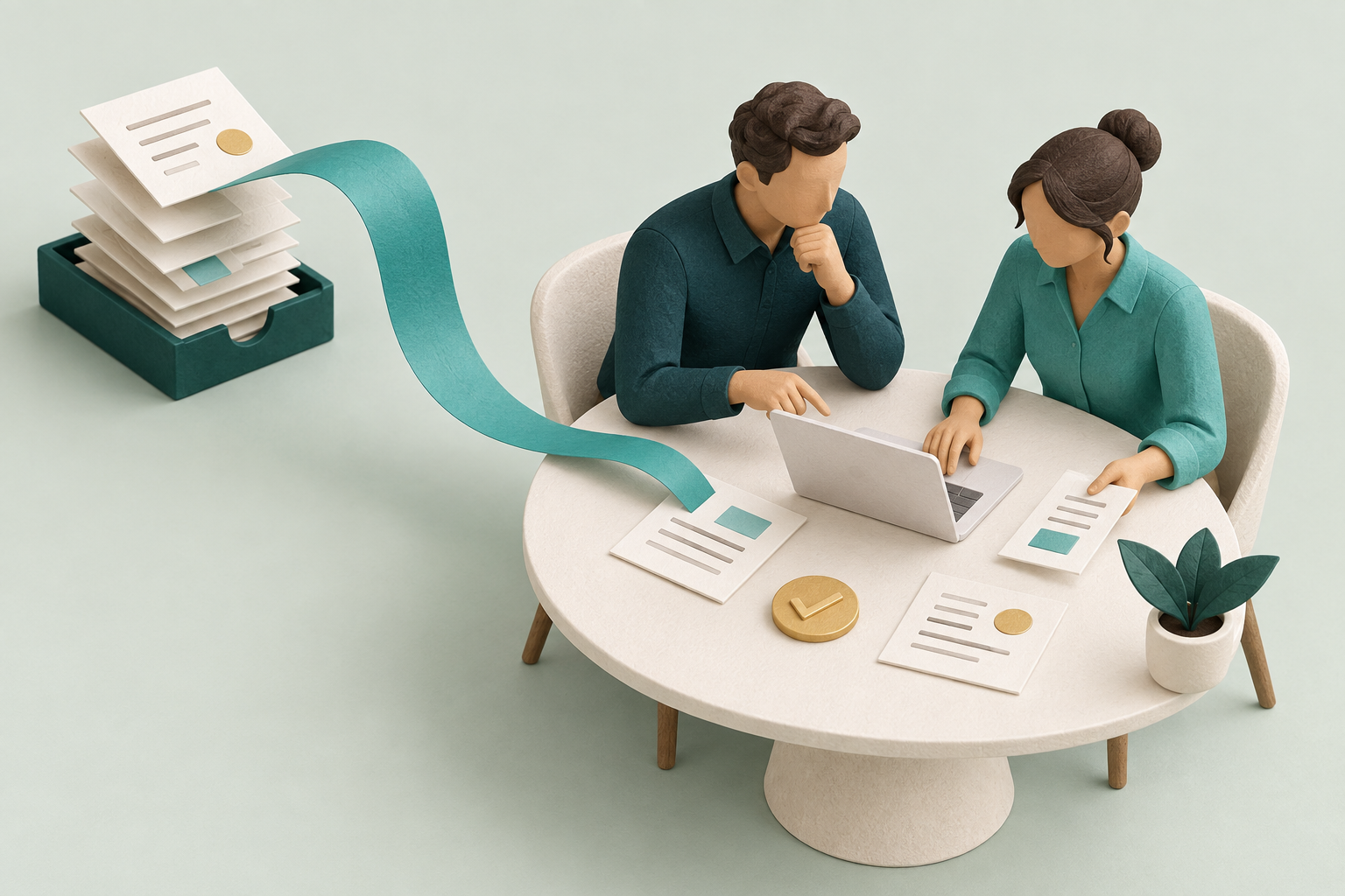 Illustration of two colleagues reviewing documents and an automation result together at a laptop.