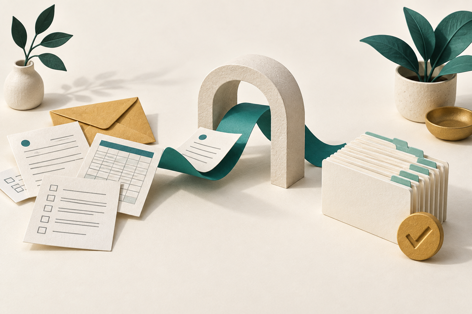 Illustration of loose forms and spreadsheets becoming organized records along a teal ribbon.